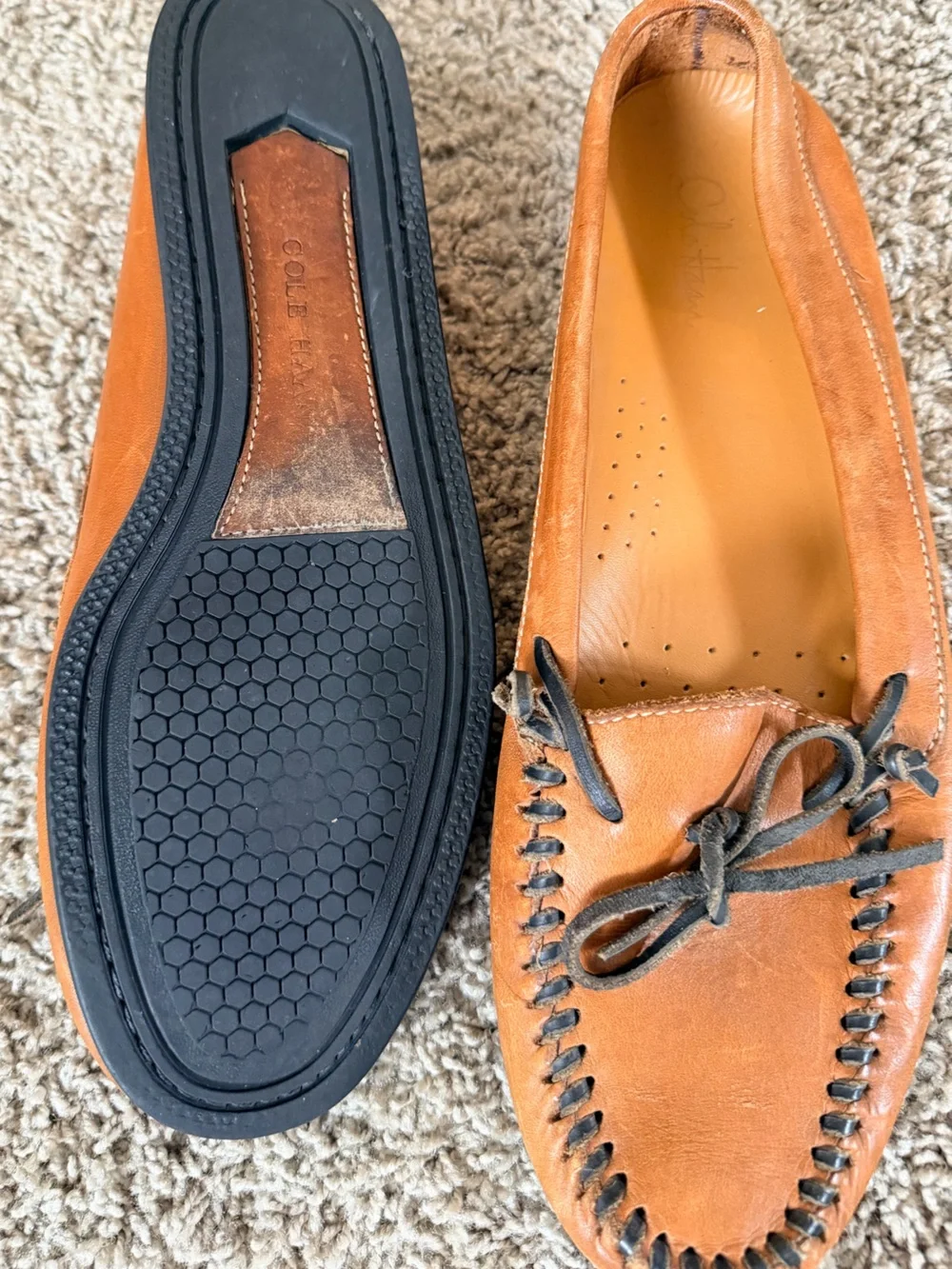 Cole Haan Men's Leather Moccasin Loafers in Cognac Brown with Dark Laces